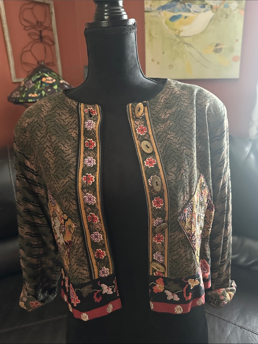 Embroidered Cropped Jacket in Olive Green with Floral Trim